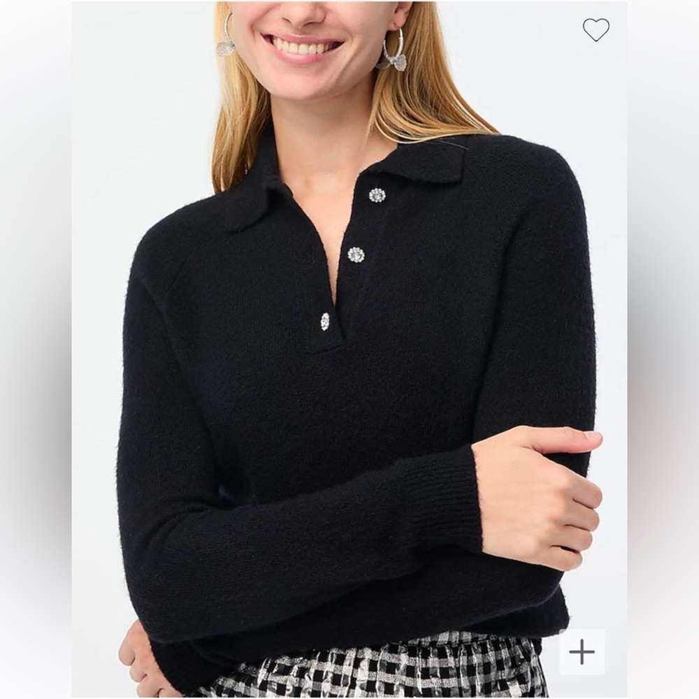MEDIUM J. Crew Factory NWT Rhinestone-button sweater-polo extra-soft yarn BLACK